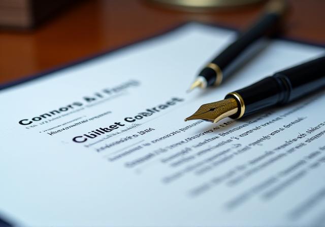 A professionally signed legal document on a wooden desk
