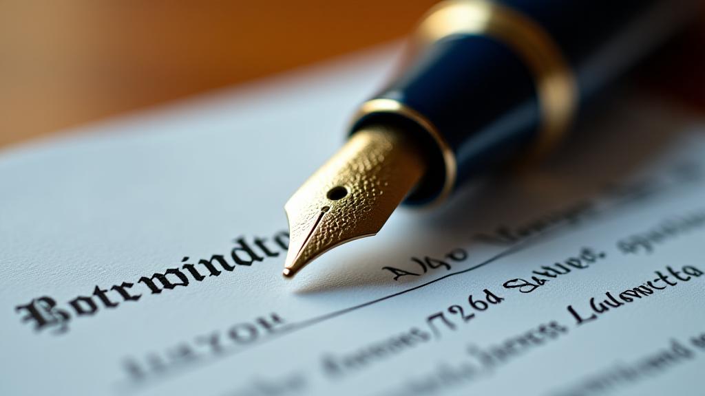 Close-up of a professional fountain pen resting on a signed legal contract with golden accents