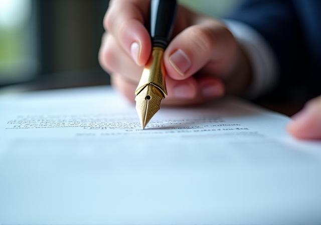 Close-up of a legal professional reviewing a complex contract with a gold fountain pen